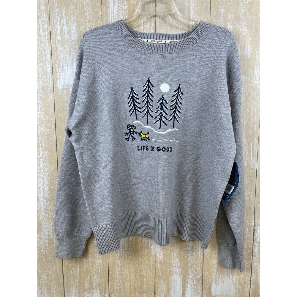 LIFE IS GOOD Ski Sweater Womens L Embroidered Christmas Holidays Winter Gray NWT